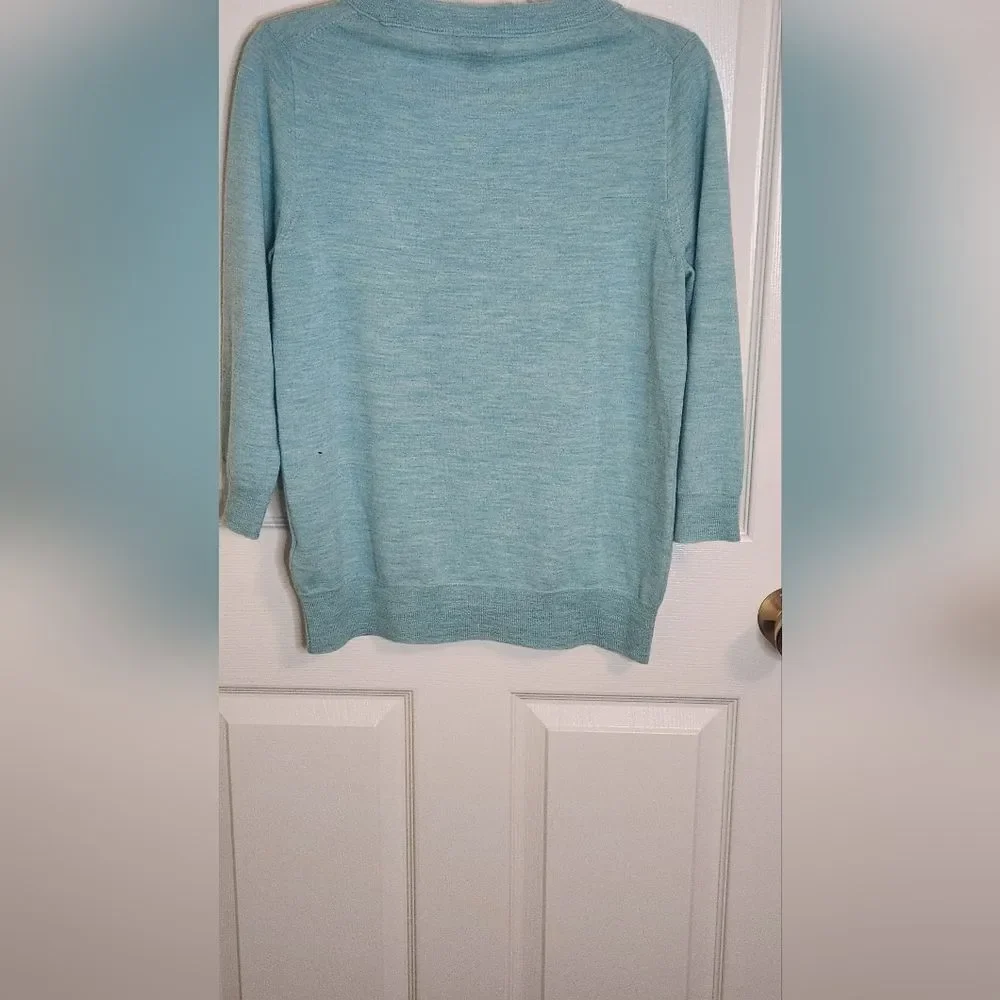 J.Crew M Sky Blue 100% MERINO WOOL 3/4 Slvs Knit Crewneck Women’s Sweater